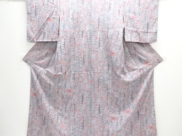 未使用品　縞に花唐草模様小紋着物